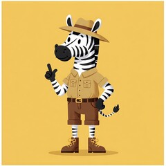 Cartoon Zebra in Safari Outfit Pointing Finger, Flat Vector Illustration for Educational or Children's Design, Yellow Background