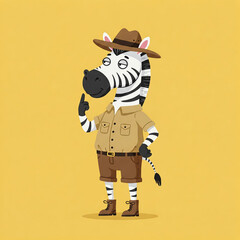 Cartoon pensive zebra explorer in Safari Outfit, flat vector, safari clothing, light yellow background, perfect for children's books or educational materials