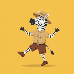 Cheerful cartoon zebra having fun and dancing in Safari Outfit, vector flat illustration, safari theme, light yellow background, suitable for greeting cards or invitations