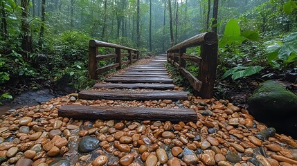 Enchanted Forest Path, Wooden Bridge Over Stream in Verdant Greenery