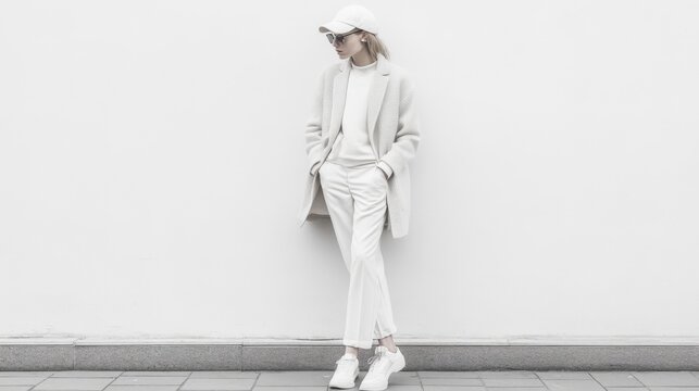 Fototapeta Woman in white outfit poses against a wall