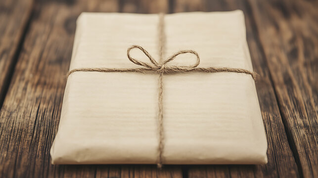 Rustic Wrapped Present on Distressed Wood Background with Brown Twine Bow for Holiday Gift