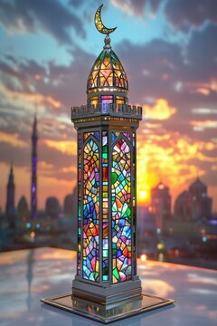 Stained Glass Mosque at Dusk for Ramadan Mubarak Islamic Holy Month Celebration.
