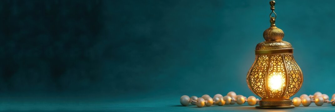 A Golden Lantern with Beads on Teal Blue Background for Ramadan Mubarak, Muslim Holy Month Celebration.