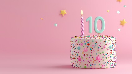 Festive kid's birthday cake, number 10 candle, pink pastel.