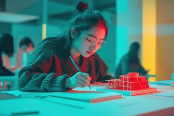 Young female architect meticulously designs a building model, showcasing her skills and creativity in architectural design.