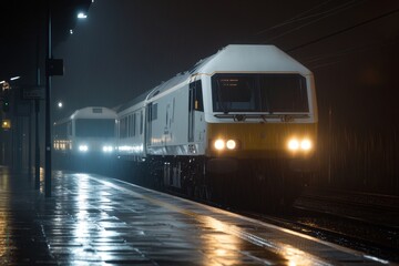 Fototapeta premium Night train arriving at dimly lit station during rain in urban area with reflective pavement and moody atmosphere