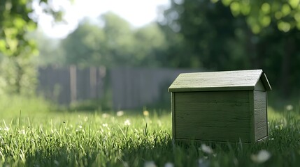 Miniature Stone House On Green Grass In Sunny Garden