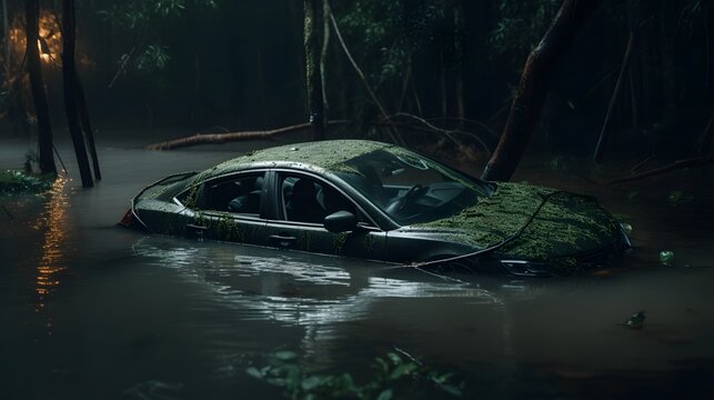 Partially Submerged Car in Murky Floodwater after Severe Storm Disaster   Abandoned Vehicle Engulfed by Flooding in Urban Environment due to Climate Change and Weather Extremes