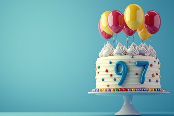 Colorful balloons accentuate a fun 3D cake with number 97.