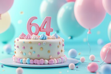 Number 64 cake in 3D with soft balloons, ample room for text.
