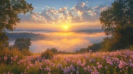 Serene sunrise over a misty valley filled with vibrant wildflowers and soft clouds