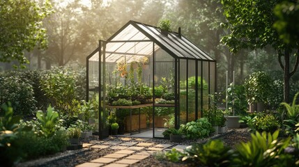 Fototapeta premium Modern Glass Greenhouse in a Lush Garden