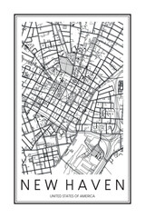 Printable downtown road map poster of the USA town of NEW HAVEN on solid white background with city name