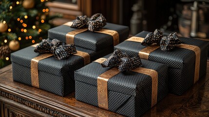 Elegant black gift boxes with golden ribbons arranged on a wooden table near a festive Christmas tree