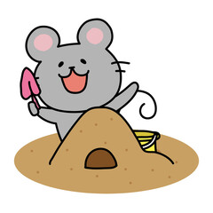 砂場で砂遊びをするネズミ