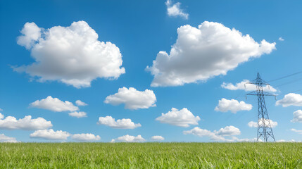 Pylon in field under sunny sky, energy, landscape