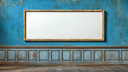 Vintage Room with Blue Walls and Ornate Frame Showcasing Blank Canvas for Art Display