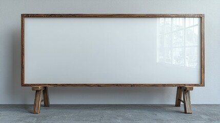 Minimalistic wooden frame display on concrete floor with natural light through window