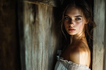 Fototapeta premium A young woman with freckles and green eyes stands near a weathered wooden wall, sunlight illuminating her shoulder.