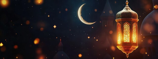Ramadan Lantern with Crescent Moon and Starry Sky.