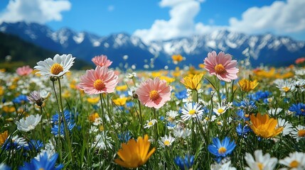 Vibrant wildflower meadow in the mountains under a clear blue sky with fluffy clouds