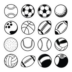 Sports Balls silhouette and line art Icons set vector collection with white background