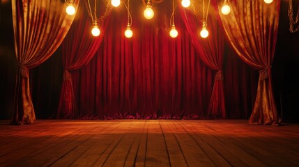 Stage with Red Curtains and Vintage Lights for Theater Productions and Performance Art Backgrounds