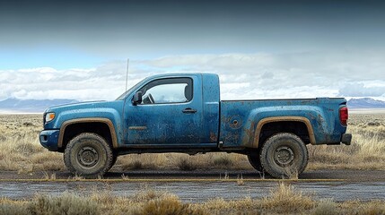 Weathered blue pickup truck parked on a deserted road with expansive plains and mountains in the background