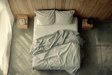 Empty bedroom, overhead view, sunlight, wooden walls