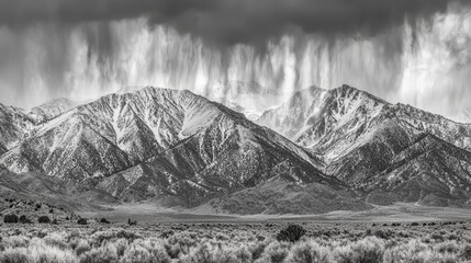 Dramatic storm clouds over majestic mountain range remote wilderness black and white photography atmospheric landscape