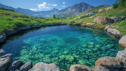 Serene mountain hot spring surrounded by lush greenery and rocky landscape under a clear sky