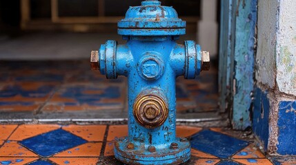 A vibrant blue fire hydrant stands on a colorful tiled floor near a doorway, showcasing urban life