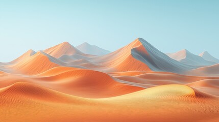 Expansive view of vibrant orange sand dunes under a clear blue sky at sunrise