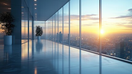 Modern office interior with panoramic windows showcasing a vibrant sunset over the city skyline
