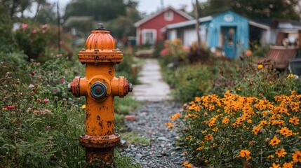 Vibrant garden scene featuring an orange fire hydrant surrounded by colorful flowers and quaint houses