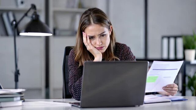 Frustrated businesswoman sitting in front of her laptop