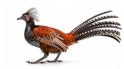 Side view of a male pheasant standing on a white background, detailed feathers with black, brown, and white colors, crest of feathers on the head