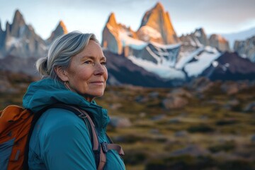 Naklejka premium A senior woman hiker pauses, gazing at majestic snow-capped mountains during a golden hour hike.