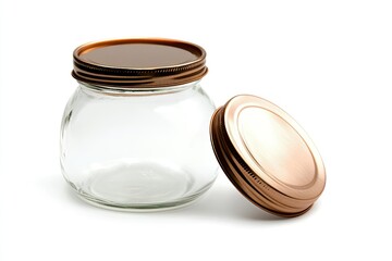 Empty glass jar with copper lid on white background
