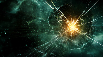 Shattered Glass Explosion with Golden Center and Fragmented Lines of Destruction and Power