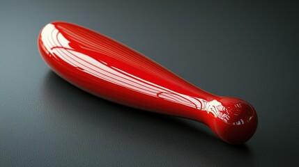 Glossy red object with a smooth surface resting on a dark background, reflecting light subtly