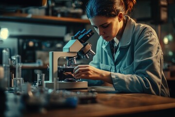 A female scientist meticulously examines a sample under a microscope in a dimly lit laboratory setting.