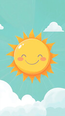 Fototapeta premium Cute cartoon sun with a simple flat design featuring a smiling face and surrounding clouds