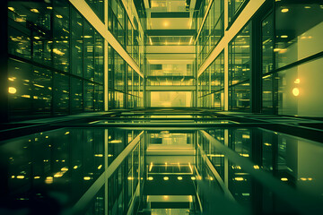 Obraz premium Modern architecture, glass atrium interior, reflective surfaces, green tones, geometric design, office building, nighttime lighting, symmetrical perspective, architectural photography.