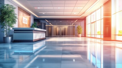 Fototapeta premium Modern Office Lobby with Bright Sunlight and Sleek Reception Desk