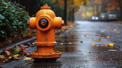 Vibrant orange fire hydrant positioned on a rainy street surrounded by autumn foliage