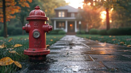 A vibrant red fire hydrant stands prominently on a wet stone pathway leading to a cozy house at sunset
