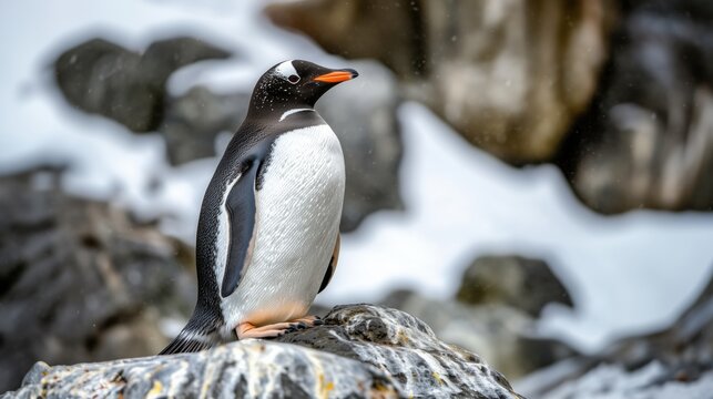 A Gentoo penguin stands confidently on a rocky surface in the snow. - Powered by Adobe