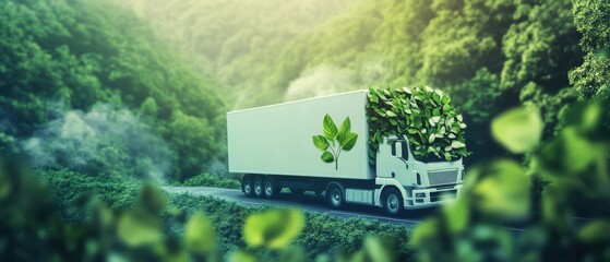 Sustainable transportation truck delivering eco-friendly goods through a lush forest with green leaves, promoting environmental awareness and green logistics.